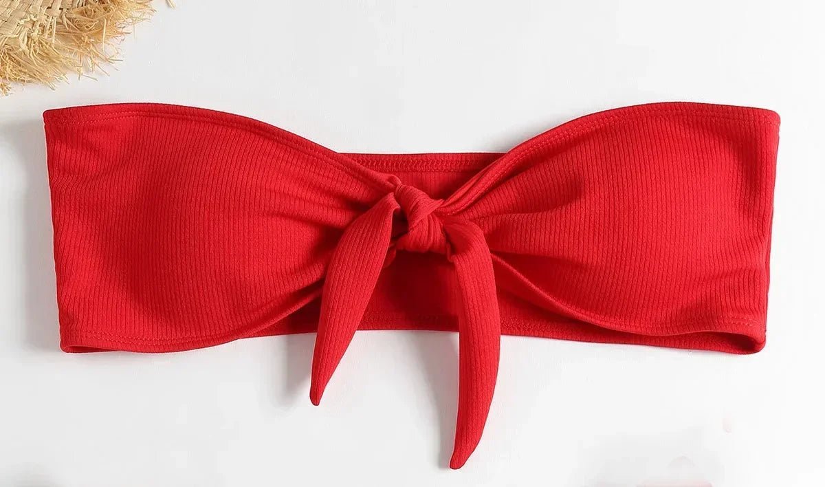 Tube Top Bow Split Bikini Swimsuit