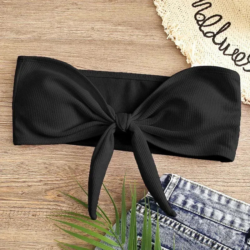 Tube Top Bow Split Bikini Swimsuit